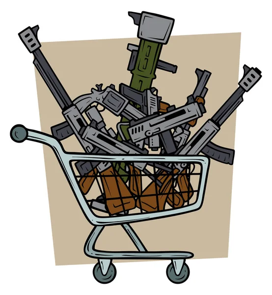 Cartoon Bunte Verschiedene Waffen Schusswaffen Einkaufswagen Pistolen Und Gewehre Revolver — Stockvektor