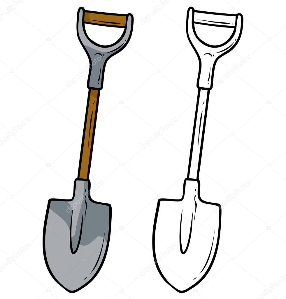 Cartoon metal farmer shovel with wooden handle. Isolated on white background. Vector icon for coloring.