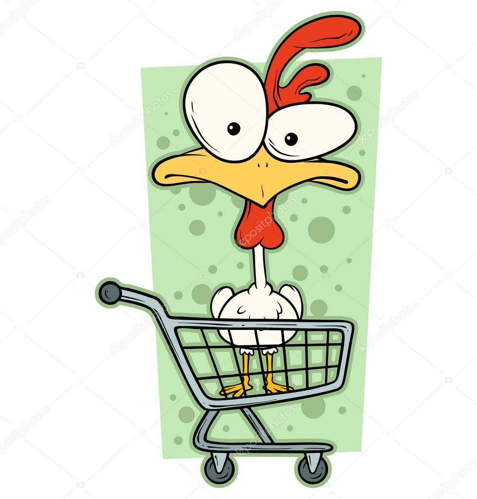 Cartoon colorful funny cute crazy chicken with big eyes in supermarket cart. Isolated on white background. Vector icon.