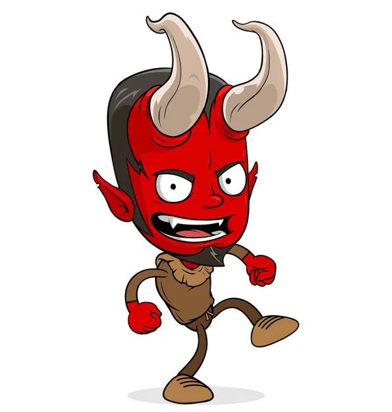 Cartoon Lustig Beängstigend Walking Red Devil Junge Charakter Mit Hörnern — Stockvektor