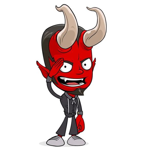 Мультфильм Смешной Пугающий Стоящий Красный Дьявольский Персонаж Рогами Показывающими Жест — стоковый вектор