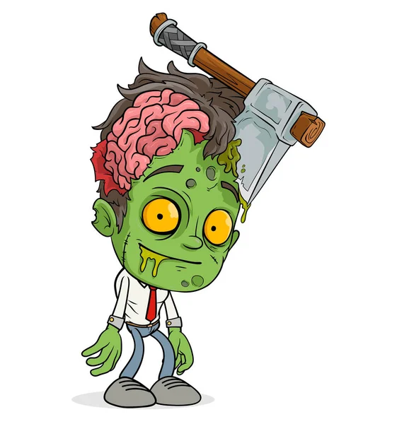 Kreskówka Zabawny Ładny Stojący Zielony Chłopak Zombie Postać Siekierą Głowie — Wektor stockowy