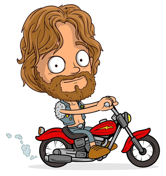Desenhos Animados Engraçados Cabelos Longos Legal Motociclista Menino Personagem Montando — Vetor de Stock