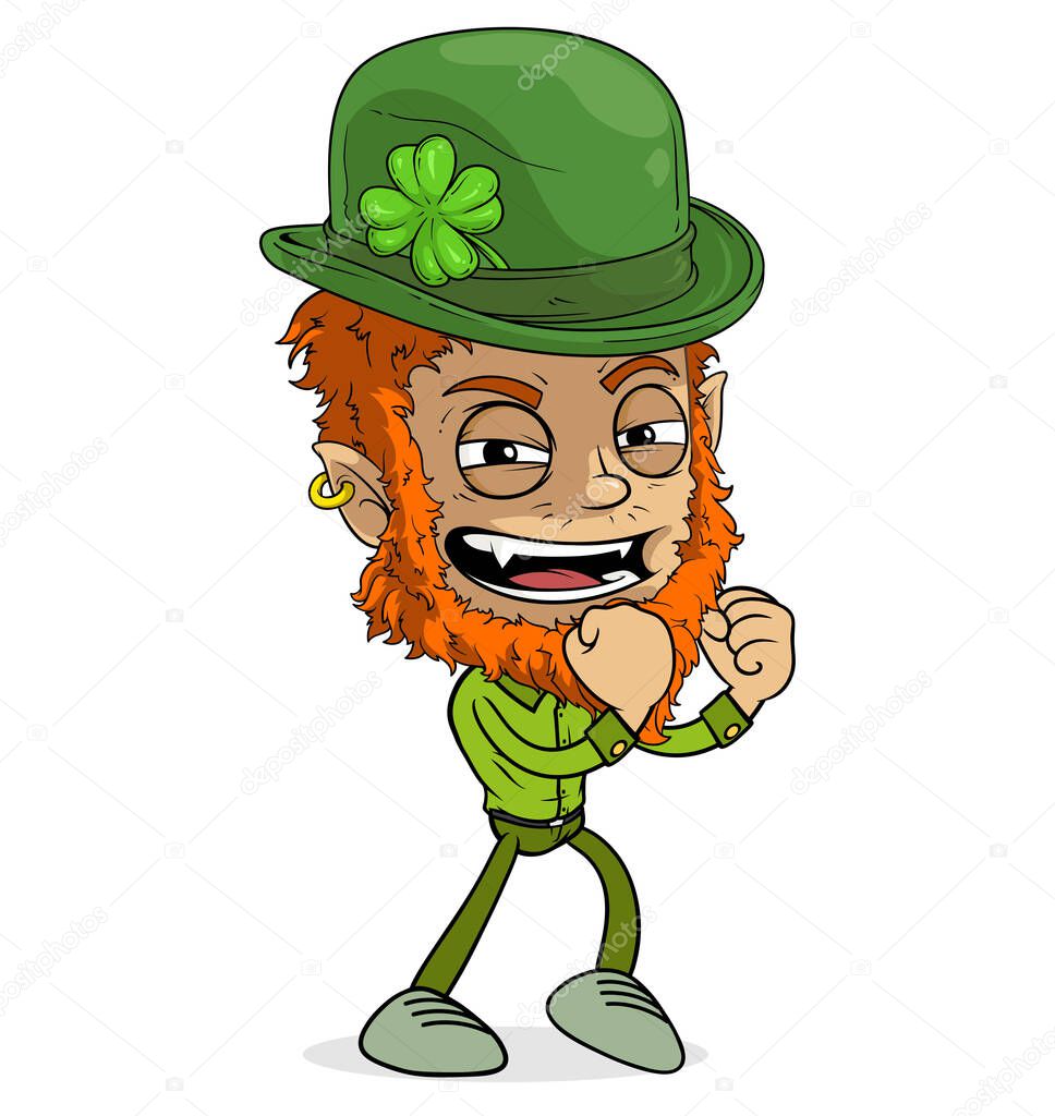 Cartoon funny scary angry redhead irish leprechaun boy character in green hat with clover. Layered EPS ready for animations. Isolated on white background. Halloween Vector icon.