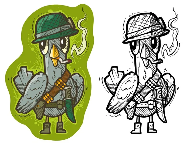 Kreskówka Śmieszne Cute Ręcznie Rysowane Żołnierz Gołąb Hełmie Amunicją Nożem — Wektor stockowy
