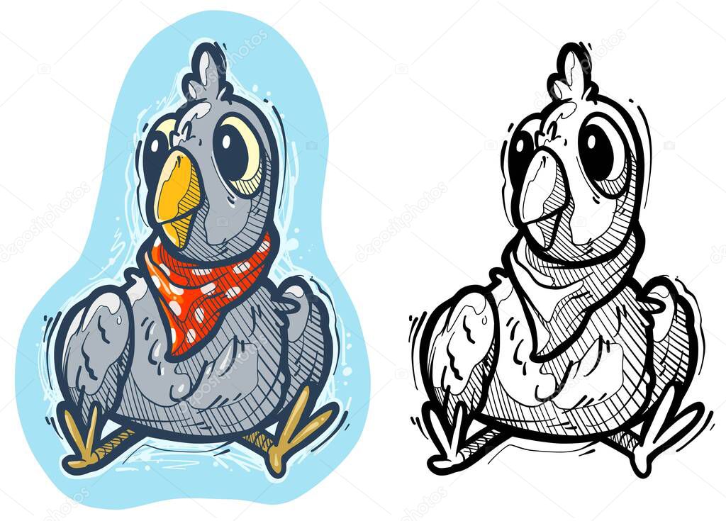 Cartoon funny cute hand drawn grey pigeon with bandana scarf. Vector colorful sketch isolated on white background.