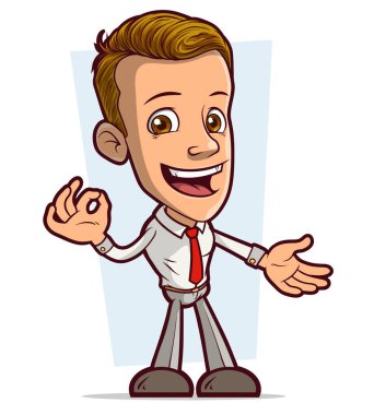 Çizgi filmdeki esmer, komik gülümseyen çocuk karakteri kırmızı kravatlı iyi niyet gösterisi yapıyor. Beyaz arka planda izole edilmiş. Vektör simgesi.