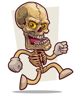 Çizgi film, kafatası ve beyaz eldivenlerle gerçekçi komik insan iskeletini detaylandırdı. Beyaz arka planda izole edilmiş. Vektör simgesi.