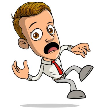 Çizgi filmdeki esmer çocuk kırmızı kravatla yere düşüp çığlık atarken komik duruyor. Beyaz arka planda izole edilmiş. Vektör simgesi.