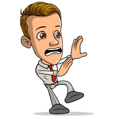 Çizgi filmdeki esmer, komik, korkmuş, kırmızı kravatlı çocuk karakteri. Beyaz arka planda izole edilmiş. Vektör simgesi.