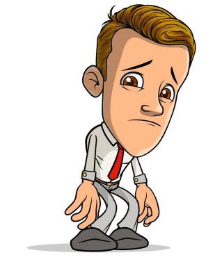 Çizgi filmdeki esmer, komik, yorgun, kırmızı kravatlı çocuk karakteri. Beyaz arka planda izole edilmiş. Vektör simgesi.