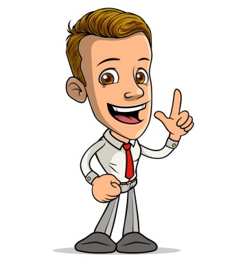 Çizgi filmdeki esmer, komik gülümseyen çocuk karakteri işaret parmağını kırmızı kravatla gösteriyor. Beyaz arka planda izole edilmiş. Vektör simgesi.