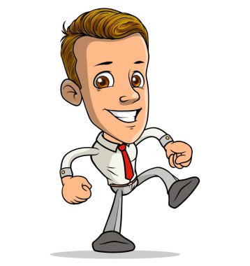 Çizgi filmdeki esmer, komik gülümseyen çocuk karakteri kırmızı kravatlı yumruklarını gösteriyor. Beyaz arka planda izole edilmiş. Vektör simgesi.