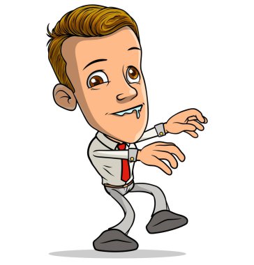 Çizgi filmdeki esmer, komik gülümseyen çocuk karakteri kırmızı kravatlı zombi gibi yürüyor. Beyaz arka planda izole edilmiş. Vektör simgesi.