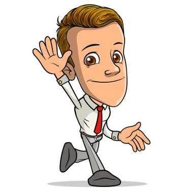 Çizgi filmdeki esmer, komik, gülümseyen çocuk karakteri kırmızı kravatlı selam hareketi yapıyor. Beyaz arka planda izole edilmiş. Vektör simgesi.