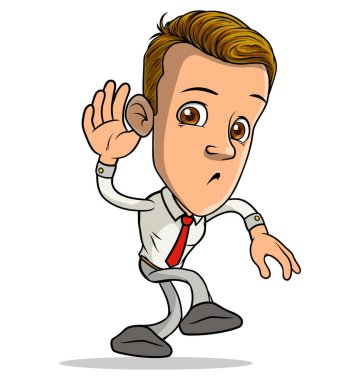 Çizgi filmlerdeki esmer, komik çocuk karakteri kırmızı kravatlı bir şeyi dikkatle dinleyin. Beyaz arka planda izole edilmiş. Vektör simgesi.