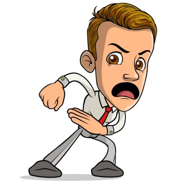 Çizgi filmdeki esmer, kırmızı kravatlı komik bağıran çocuk. Beyaz arka planda izole edilmiş. Vektör simgesi.