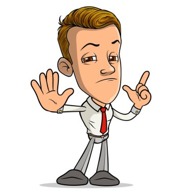 Çizgi filmdeki esmer, komik gülümseyen çocuk karakteri kırmızı kravatlı işaret parmağını kaldırıyor. Beyaz arka planda izole edilmiş. Vektör simgesi.