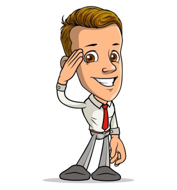 Çizgi filmdeki esmer, komik gülümseyen çocuk orduya kırmızı kravatla selam veriyor. Beyaz arka planda izole edilmiş. Vektör simgesi.