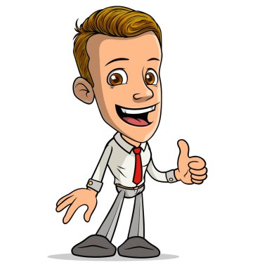 Çizgi filmlerdeki esmer, gülümseyen komik çocuk karakterinin baş parmağını kaldırması gibi, jest ya da kırmızı kravatlı işaret gibi. Beyaz arka planda izole edilmiş. Vektör simgesi.