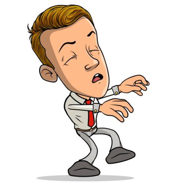 Çizgi filmdeki esmer, kırmızı kravatla yatarken yürüyen komik, yorgun çocuk karakteri. Beyaz arka planda izole edilmiş. Vektör simgesi.