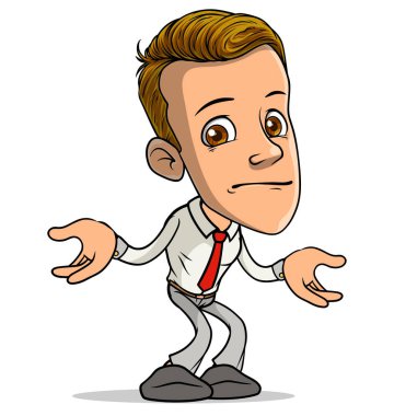 Çizgi filmdeki esmer, komik yorgun çocuk karakteri yanlış anlaşılma işareti ve kırmızı kravatlı. Beyaz arka planda izole edilmiş. Vektör simgesi.