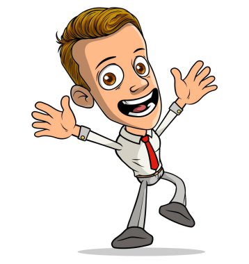 Çizgi filmdeki esmer, kırmızı kravatlı komik, mutlu çocuk karakteri. Beyaz arka planda izole edilmiş. Vektör simgesi.