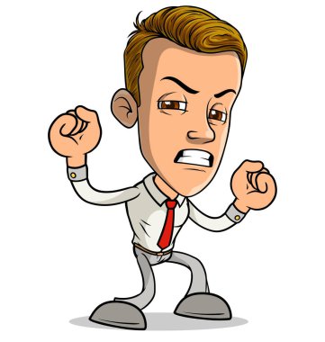 Çizgi filmdeki esmer, kırmızı kravatlı, komik, sinirli çocuk karakteri. Beyaz arka planda izole edilmiş. Vektör simgesi.