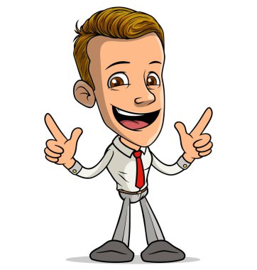 Çizgi filmdeki esmer, komik gülümseyen çocuk karakteri kırmızı kravatlı iki işaret parmağı kaldırıyor. Beyaz arka planda izole edilmiş. Vektör simgesi.