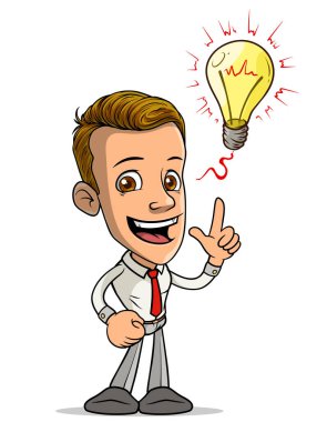 Çizgi filmdeki esmer, komik gülümseyen çocuk karakteri elinde parlak kırmızı ışıklı bir ampul tutuyor. Beyaz arka planda izole edilmiş. Vektör simgesi.