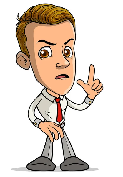 Мультфильм Брюнетка Стоя Смешной Серьезный Характер Мальчика Показывая Указательный Палец — стоковый вектор