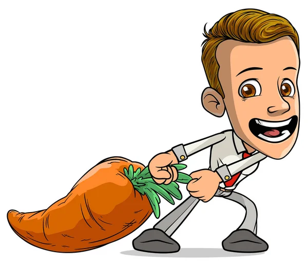 Cartoon Brunetka Stojąc Śmieszne Uśmiechnięte Postaci Chłopca Ciągnąc Dużą Pomarańczową — Wektor stockowy