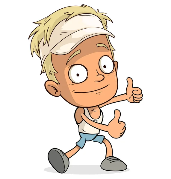 Kreskówkowa Blondynka Śmiesznie Uśmiechnięta Postać Chłopca Czapce Warstwowe Eps Gotowe — Wektor stockowy