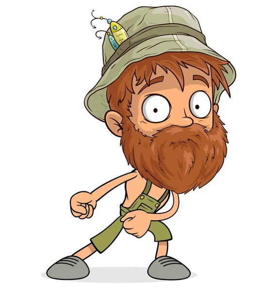 Cartone Animato Divertente Personaggio Ragazzo Pescatore Panama Cappello Con Barba — Vettoriale Stock
