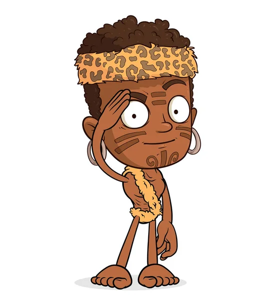 Desen Animat Amuzant African Zulu Băiat Personaj Tatuaj Bandaj Blană — Vector de stoc