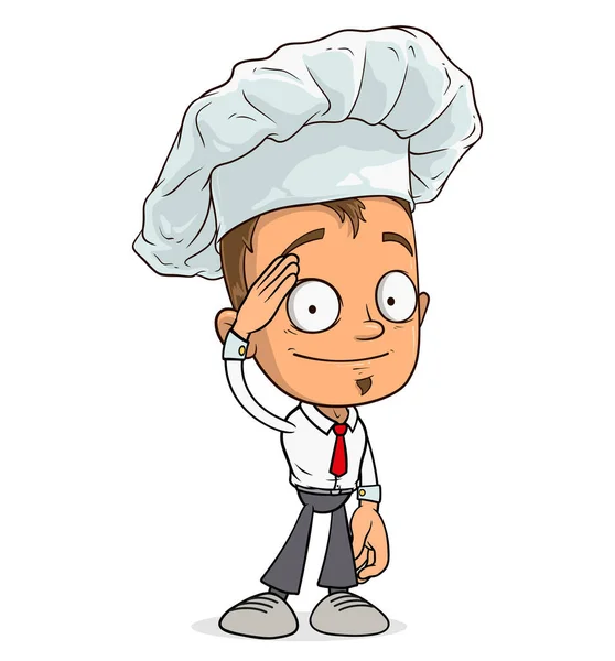 Dessin Animé Chef Cuisinier Debout Personnage Garçon Uniforme Chapeau Avec — Image vectorielle