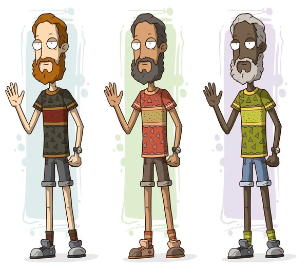 Dessin Animé Différent Debout Drôle Sourire Barbu Vieux Personnage Hipster — Image vectorielle