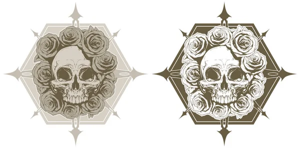 Una Ilustración Vectorial Del Cráneo Fresco Con Rosas Pinchos Tatuaje — Vector de stock