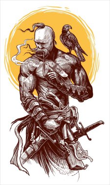 Graphic detailed ukrainian cossack warrior with hawk smoking pipe and holding sword. Vector with yellow sun on background. clipart