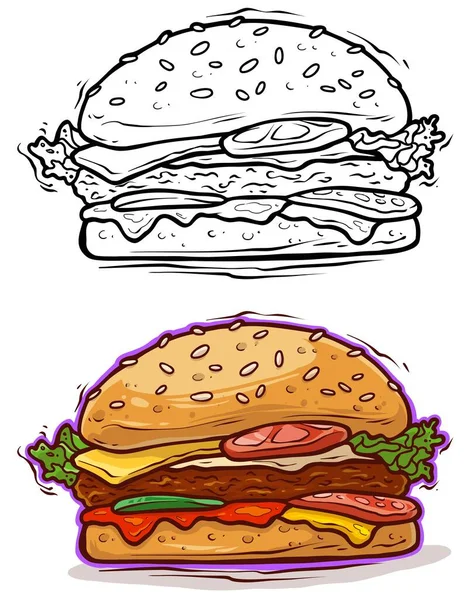 Cartoon Tasty Big Hamburger Cheese Tomato Sesame Seeds Isolated White — 스톡 벡터