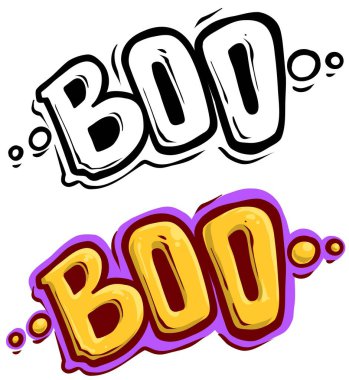 Çizgi film karalama tarzı el çizimi Boo sembolü. Beyaz arkaplanda menekşe ile sarı metin. Vektör simgesi.