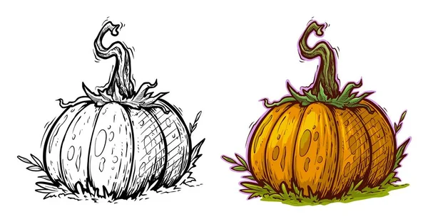 Cartoon Hand Drawn Orange Pumpkin Green Grass Vector Icon Isolated — Image vectorielle