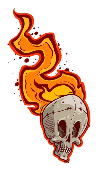 Detailed Graphic Hand Drawn Black White Funny Human Skull Fire — Stockvektor