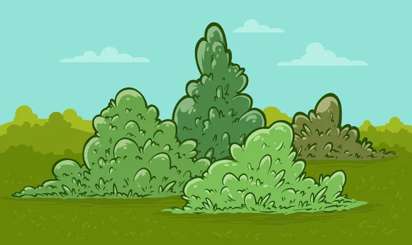 Cartoon Green Big Bushes Lawn Clouds Vector Icon Clear Sky — Vettoriale Stock
