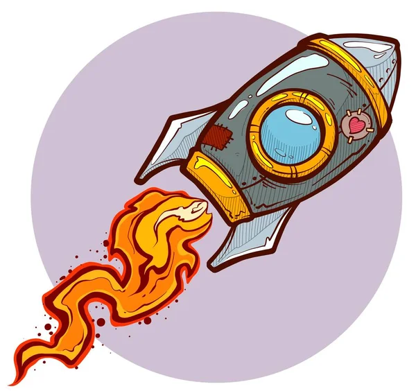 Cartoon Red Space Rocket Flying Heart Sticker Fire Violet Background — Wektor stockowy