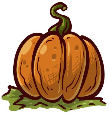Cartoon hand drawn cute orange pumpkin on green grass. Vector icon isolated on white background.