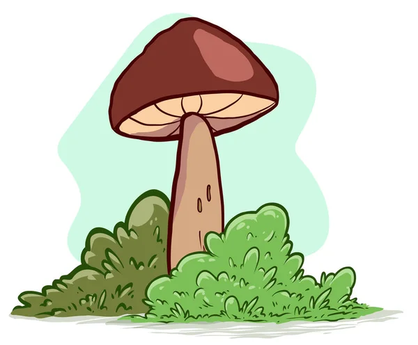 Cartoon Hand Drawn Brown Forest Mushroom Grass Vector Icon Isolated — Vettoriale Stock