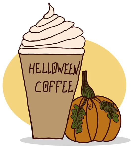 Cartoon Halloween Coffee Cream Orange Pumpkin Vector Icon Isolated White — Vettoriale Stock