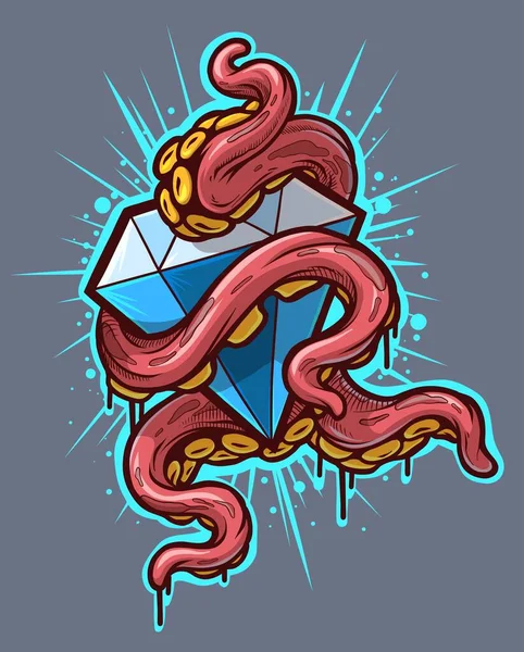 Cartoon Pink Octopus Tentacles Shining Diamond Isolated Blue Background Tattoo — Stockový vektor