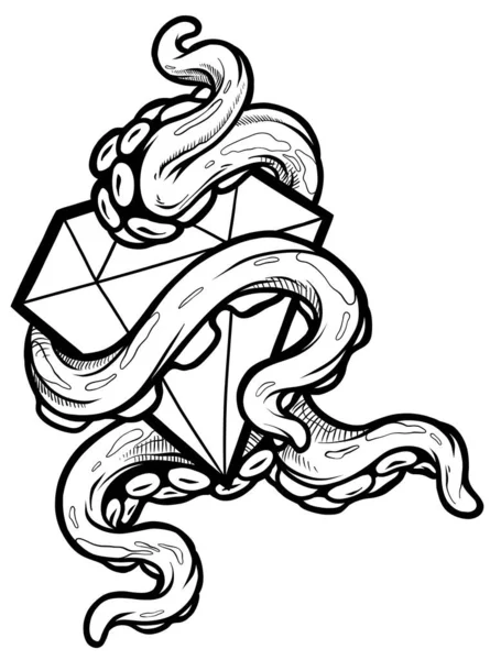 Cartoon Octopus Tentacles Shining Diamond Sketch Isolated White Background Tattoo — Vector de stock